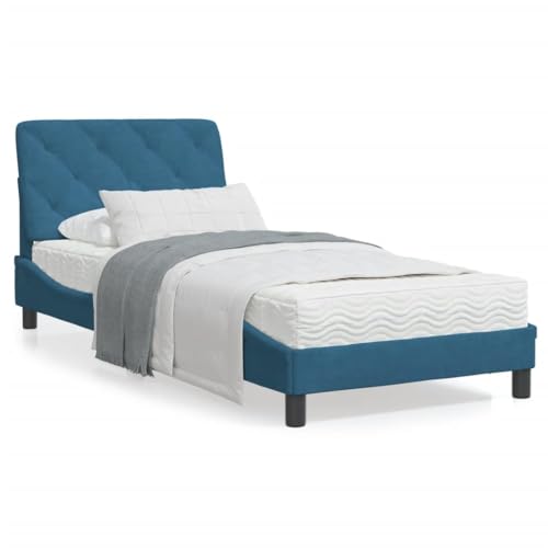 Keyroto Bett mit Matratze Blau 90x190 cm Samt, Familienbett, Bettrahmen, Bett Gestell, Doppel Bett, Einzelbett von Keyroto