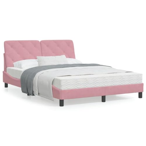 Keyroto Bett mit Matratze Rosa 140x200 cm Samt, Familienbett, Bettrahmen, Bett Gestell, Doppel Bett, Einzelbett von Keyroto