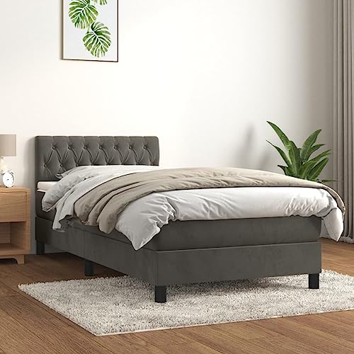 Keyroto Boxspringbett Boxspringbett 100x200 cm Boxspringbetten mit Matratze Jugendbett Polsterbett mit Kopfteil Gästebett Boxspringbetten Bett mit Matratze Samt Dunkelgrau 100x200 cm von Keyroto