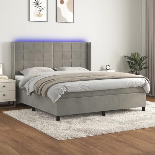 Keyroto Boxspringbett Matratze und LED Hellgrau 180 x 200 cm Samt Bettgestell Doppelbett Einzelbett Einzelbett Bettgestell Einzelbett Bettgestell von Keyroto