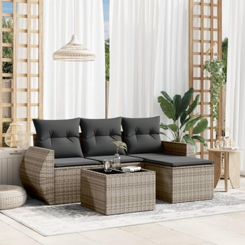 Keyroto GartenSofa 5-TLG.Rattan Gartenmöbel Set Gartensofa mit Stauraum Gartenlounge Outdoor Sofa Balkon mit Kissen Poly Rattan Grau von Keyroto