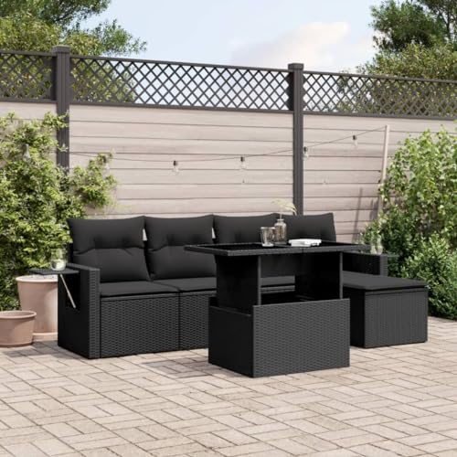 Keyroto Gartenlounge Outdoor mit Gartentisch mit Verstellbare Tischplatte Dining Lounge Ecklounge Sitzecke Balkon Loungemöbel Gartensofa Sitzgruppe Outdoor Schwarz 6-TLG Type-B163 von Keyroto