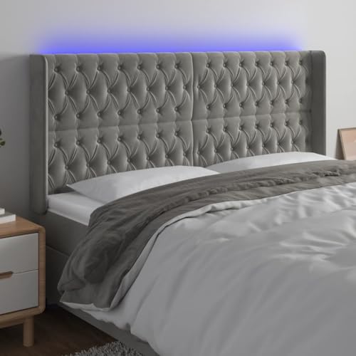 Keyroto Kopfteil, Bett-Kopfteil, Kopfteil, Bett-Rückenlehne, Kopfteil mit LED, Hellgrau, 183 x 16 x 118/128 cm aus Samt von Keyroto