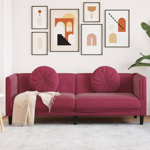 Keyroto Modernes 3-Sitzer-Sofa aus Samt für Wohnzimmer – bequemes Relax Lesesofa mit Kissen – Weinrot von Keyroto