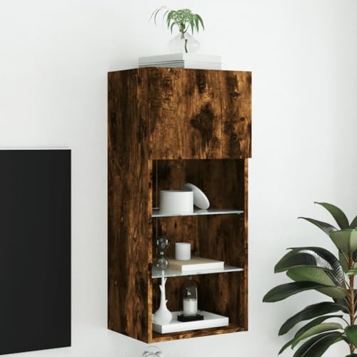 Keyroto TV-Schrank Hängeschrank Hängeschrank Hängeschrank Wohnzimmer Hängeschrank TV-Schrank mit LED-Lichtern, Eiche Rauch, 40,5 x 30 x 90 cm von Keyroto