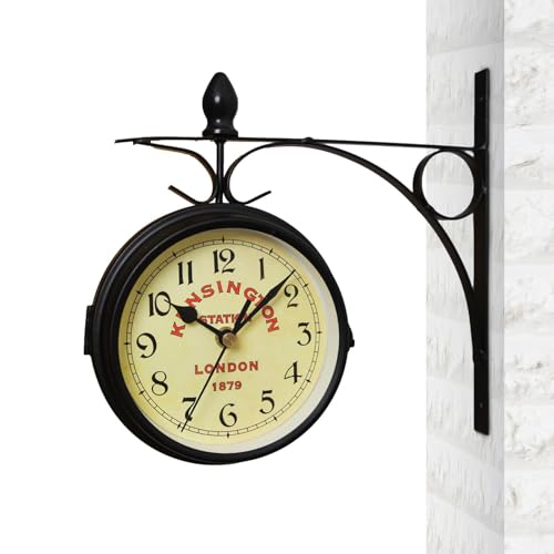 Keyubria Doppelseitige Wanduhr | Bahnhofsuhr Wetterfest | Gartenuhren für den Außenbereich | Retro Vintage Schmiedeeisen Metall Wanduhren | für Garten im Innenbereich, Uhr Durchmesser 12cm von Keyubria