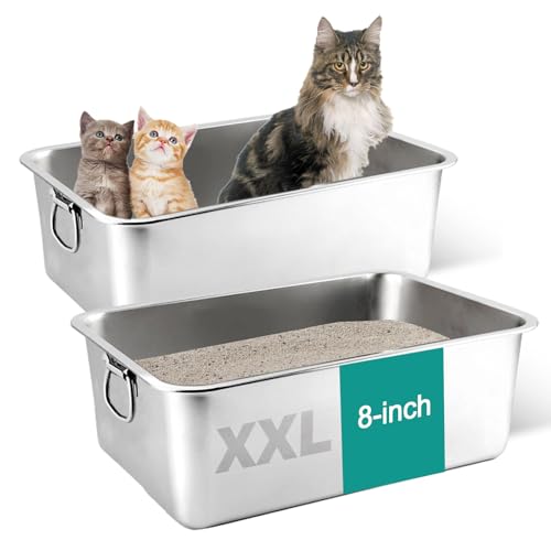 2PCS Katzenklo Edelstahl XXL, 60 x 40x 20cm Großes Katzentoilette Edelstahl,Auslaufsichere Cat Litter Box für Große & Mittelgroße Katzen (8 Inch) von Keyzone