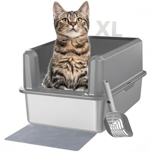 Katzenklo Edelstahl, XL Katzentoilette Edelstahl mit hoher geschlossener Seite für große Katzen, Große Cat Litter Box, Antihaft, Anti-Leckage, Einfache Reinigung, mit Scroop und Wurfmatte (grün) von Keyzone