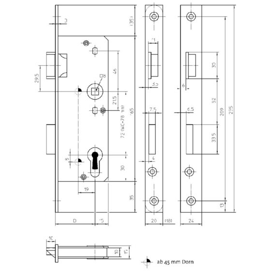 KFV - Einsteckschloss 521-1/2,PZ72/8,D45,F20x235ktg,Si,St-FA,DL,m.SB von Kfv