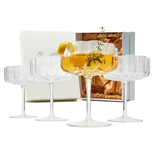 Blumenglas, Vintage-Stil, gewellte Blütenblätter, Wellenglas, 200 ml, bunt, 4 Stück, geriffelte und Champagnergläser, Prosecco, Martini, Mimose, Cocktail-Set, Bar-Glaswaren, Copyright & Patent von Khen