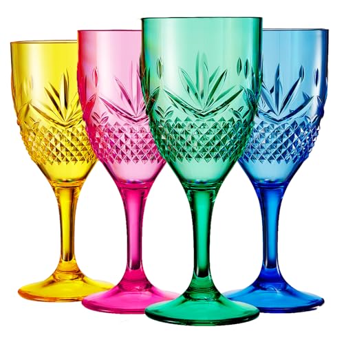 Bruchsichere Weingläser mit Tritan-Stiel, wiederverwertbar, 4er-Set, leuchtende Farben, Glas-Lookalike, kristallfarbenes Acryl-Trinkgeschirr, wiederverwendbar, unzerbrechlicher BPA-freier Kunststoff, von Khen