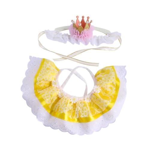 KiBcsLic 2 Stück Haustier Geburtstagsoutfit Festanzug mit Spitzenhalsband Und Krone Als Verkleidungsartikel Aus Waschbarem Stoff für Feierlichkeiten für Hunde, Gelb von KiBcsLic