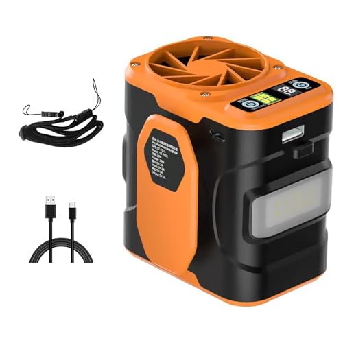 KiBcsLic Hüftventilator mit Taschenlampe, Leistungsstarker, Wiederaufladbarer Hängehalsventilator für Sommer Baustellencamping, Orange Und Schwarz von KiBcsLic