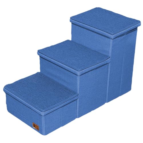 KiBcsLic Hundetreppe Haustiertreppe Tierleiter Aufstiegshilfe für Haustiere mit 3 Stufen Faltbar mit Praktischem Stauraum Und Rutschfester Unterseite für Den E, Navy Blau von KiBcsLic