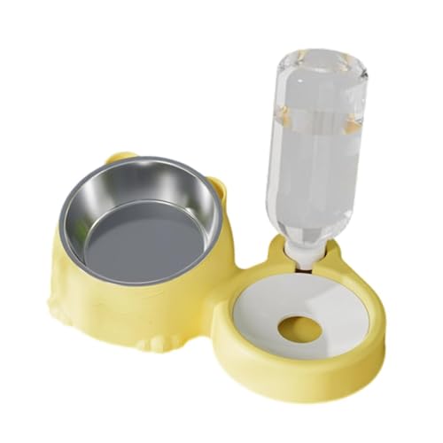 KiBcsLic Katzennapf Doppel Futternapf Wasserspender Futterautomat mit Edelstahleinsatz 2 in 1 Funktion Transparente Wasserflasche Und rutschfeste Basis für Kle, Gelb von KiBcsLic