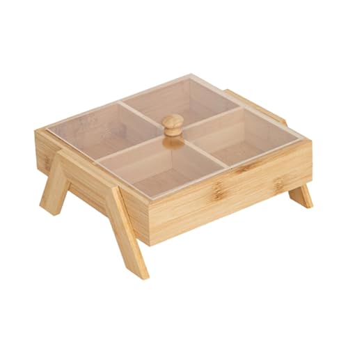 KiBcsLic Nuss Serviertablett Tablett Obsttablett Snacktablett Aufbewahrungsplatte mit Fächern Und Acryl Deckel Stabile Standfüße für Picknick Buffet Gästezimme, 4 Gitter von KiBcsLic