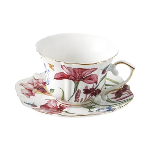 KiBcsLic Porzellan Tassen Set mit Untertasse Kaffee Becher Tee Tassen mit Vintage Blumenmuster Leicht zu Reinigen Und Elegant Gestaltet Aus Porzellan für Heimd, A von KiBcsLic