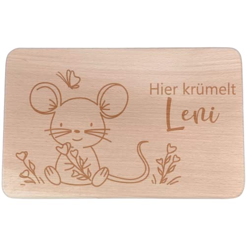 Personalisiertes Frühstücksbrettchen mit Namen I Holz Brettchen/Brotzeitbrettchen I Große Maus Motiv Graviert I Geschenk für Kinder von KIDSLINO