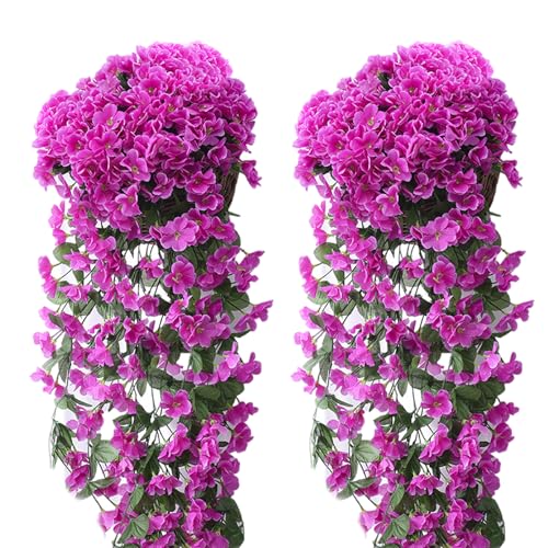 KiKiHong 2er-Set Hängepflanzen Kunstblumen Wie Echt,Lila Balkonblumen mit 5 Blüten (PE-Seide),Künstliche Hängeblumen für Garten,Terrassentür,Büro(85 cm) von KiKiHong