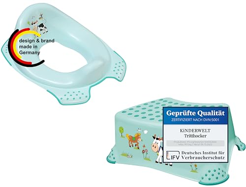 KiNDERWELT 2er Set Premium Toilettensitz und einstufiger Hocker für Kleinkinder -Funny Farm Design aquamarin - Kleine Toilette für Babys und Kleinkinder - Stabiler Hocker mit Anti-Rutsch-Funktion - von KiNDERWELT