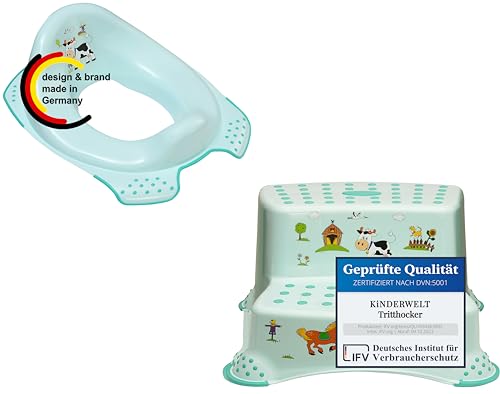 KiNDERWELT 2er Set Premium Toilettensitz und zweistufiger Hocker für Kleinkinder -Funny Farm Design aquamarin - Kleine Toilette für Babys und Kleinkinder - Stabiler Hocker mit Anti-Rutsch-Funktion - KiNDERWELT 2er Set Premium Toilettensitz und zweistufiger Hocker für Kleinkinder -Funny Farm Design aquamarin - Kleine Toilette für Babys und Kleinkinder - Stabiler Hocker mit Anti-Rutsch-Funktion - von KiNDERWELT