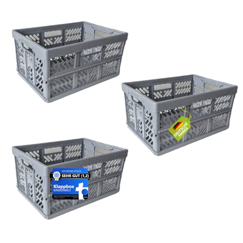 KiNDERWELT 3 x Robuste Profi - Klappbox 45 L bis 50 kg - Faltbox, Kiste, Korb zur Aufbewahrung, Transport - grau von KiNDERWELT