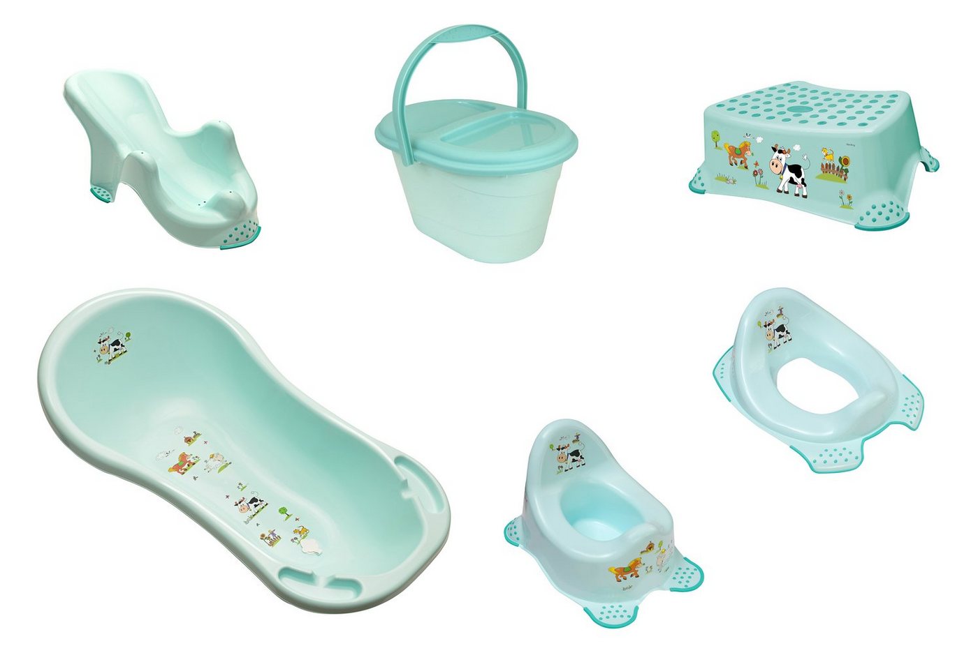 KiNDERWELT Babybadewanne 6er Set Funny Farm aqua Badewanne XXL + Badesitz + Topf + WC+ Hocker, (9-tlg) von KiNDERWELT