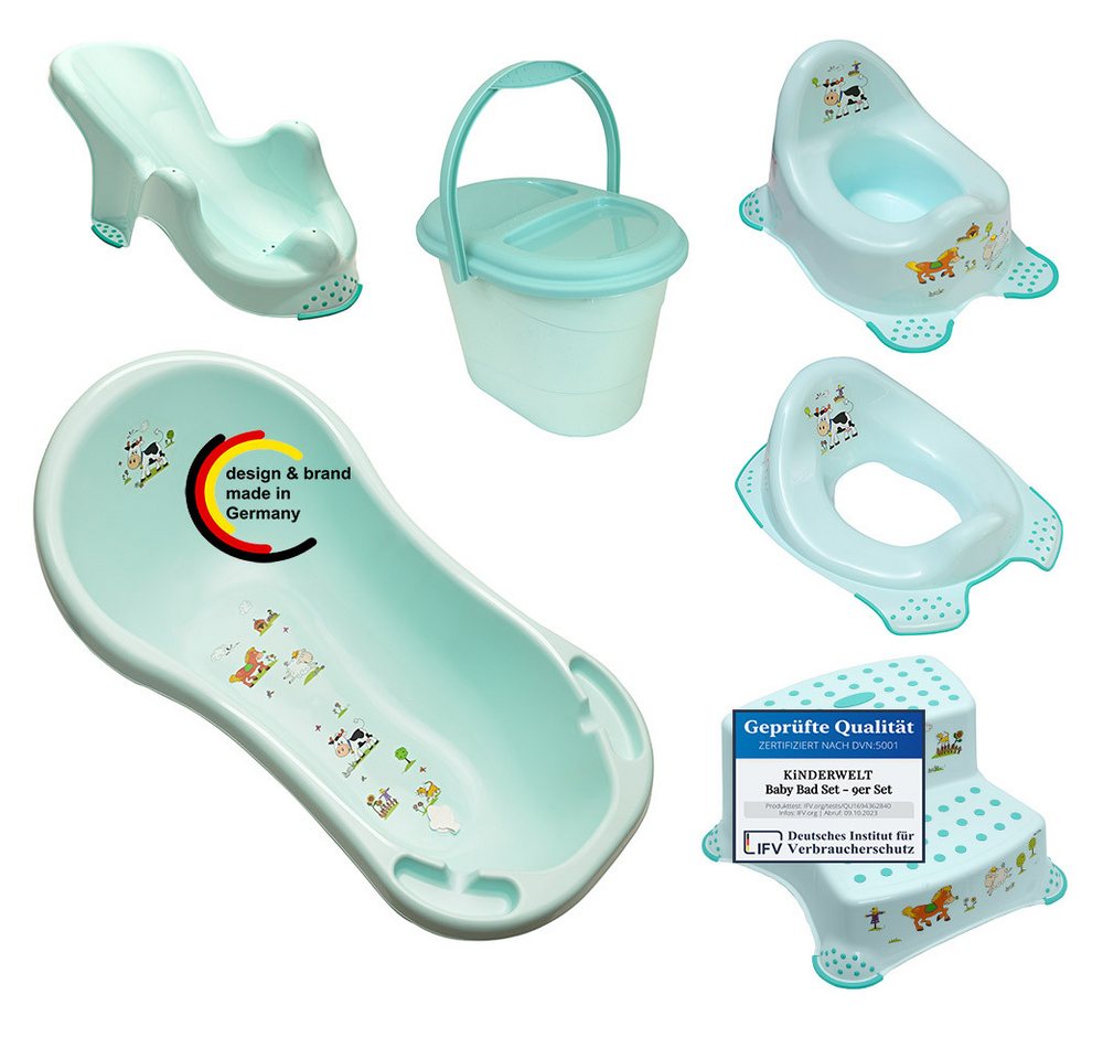 KiNDERWELT Babybadewanne 6er Z Set Funny Farm aqua Badewanne XXL + Badesitz + Topf + WC+ Hocker, (6-tlg) von KiNDERWELT