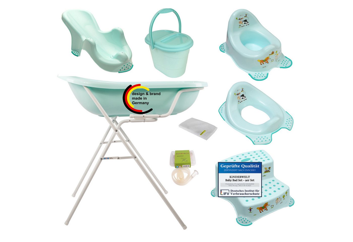 KiNDERWELT Babybadewanne 9er Set Premium Funny Farm aquamarin, (9-tlg) von KiNDERWELT