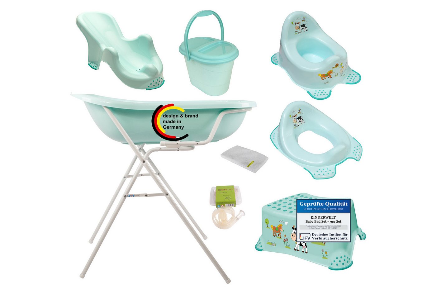 KiNDERWELT Babybadewanne Funny Farm Babywanne + Ständer und mehr.., (Premium Set, 9-tlg) von KiNDERWELT