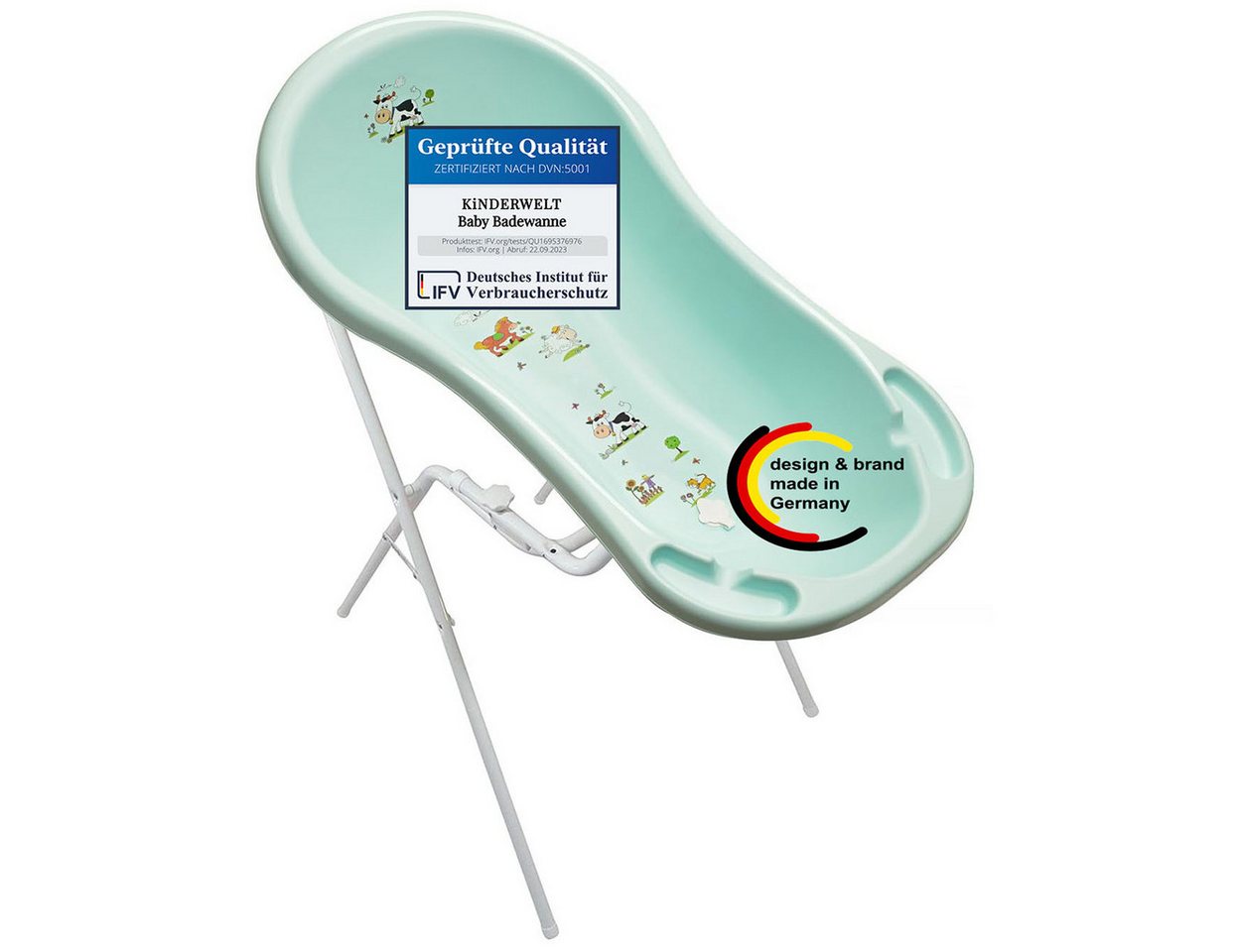 KiNDERWELT Babybadewanne Funny Farm aqua Baby Badewanne XXL + Ständer, (ergonomisch geformt mit Ablaufstöpsel Seifenablage Haltegriffe) von KiNDERWELT