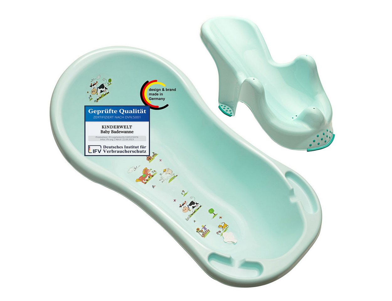 KiNDERWELT Babybadewanne Premium Babybadewanne Funny Farm aqua + Badesitz, (2er Set) von KiNDERWELT