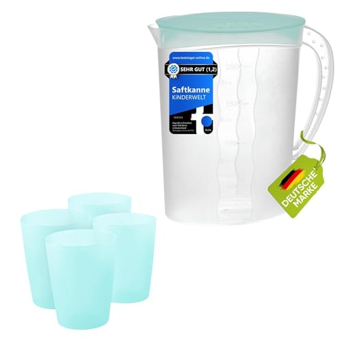 KiNDERWELT Premium Set Saftkanne 2 Liter Fassungsvermögen und Trinkbecher 4 x 250 ml, Saftkanne mit vielseitigem Deckel und integrierter Maßeinteilung, aquamarin aus Kunststoff von KiNDERWELT