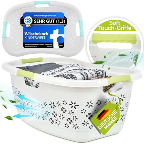 Premium Wäschekorb 50 L mit ergonomischer Form, Soft-Touch-Griffen, luftdurchlässigem Design und dekorativer Blumenoptik (weiß/mintgrün) von KiNDERWELT