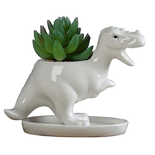 KiaoTime Weiße Keramik-Sukkulenten-Übertöpfe in Dinosaurierform, Blumentöpfe für Bonsai, Pflanzgefäß, Vase, Behälter, Kaktus, Schreibtischdekoration, Bleistifthalter, Kinderzimmertöpfe von KiaoTime