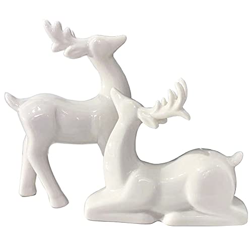 KiaoTime Porzellan-Weihnachts-Rentier Figuren, 2 Stück Mini-Tier-Rentier Dekor Hirsch Statuen Skulptur Tischornamente für Schrank Kaminregale Kamin Wohnkultur Akzente Sammelfiguren von KiaoTime