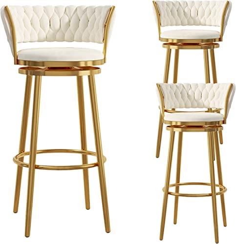 Barhocker mit Rückenlehne im 1/2/3/4-Set, drehbare Barstühle mit Fußstütze, Küchencafé-Hocker, weißer Samtsitz, goldenes Metallgestell, Frühstücksstuhl für drinnen und draußen, Sitzhöhe 65/75 cm von Kiaoeiuyti