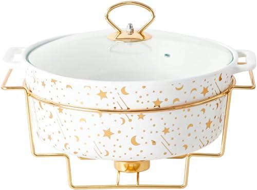 Runde Scheuchtigkeitsgericht Buffet Set Keramik Lebensmittelwärmer mit Glasdeckel, S und Buffetwärmer-Set für Hochzeitspartys Bankette Events, White-M von Kiaoeiuyti