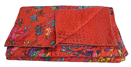 Kiara Indische Vintage Ethnische Baumwolle Vogel Kantha Quilt Tagesdecke Patchwork Stitch Decke Twin/Queen Size (Candy Red, Queen) von Kiara