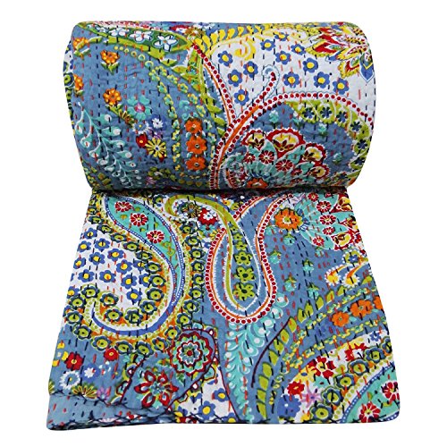 Kiara Indische handgemachte Quilts Baumwolle Blumendruck wendbar Kantha Paisley Muster Tagesdecken & Decken Stich Überwurf Twin Size/Queen Size (blau, Twin) von Kiara