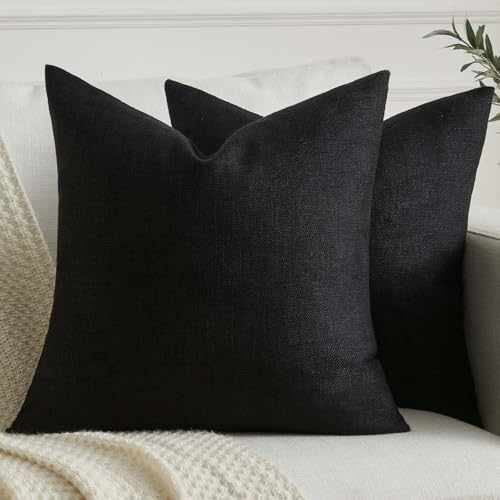Kiatuniya Kissenbezug 40x40 cm Schwarz Boho Kissen Dekokissen Sofakissen Modern Kissenhülle Leinenoptik Einfarbig Landhausstil Herbst kissenbezüge für Bett Wohnzimmer Schlafzimmer 2er Set von Kiatuniya