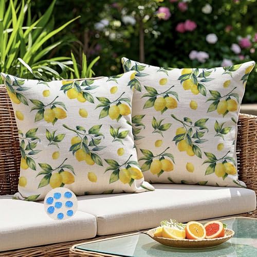 Kiatuniya Outdoor Kissen 40x40 Gelb Grün Zitronen Kissenbezug Wetterfest Kissenhülle Sofakissen Dekokissen Gartenkissen Wasserdicht Sommer Kissenbezüge für Garten Sofa Balkon Terrasse Deko 2er Set von Kiatuniya