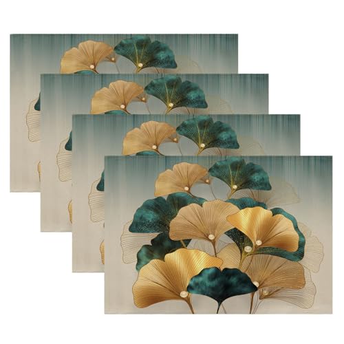 Kiatuniya Platzsets Tischsets Abwaschbar Petrol Gold Ginkgo Biloba Blätter Tischmatte Frühling Sommer Outdoor Landhausstil rutschfeste Platzdeckchen Für Küche Esstisch Zuhause Party Deko 4er Set von Kiatuniya