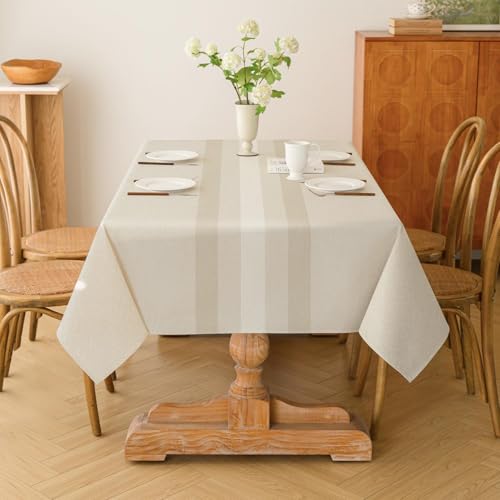 Kiatuniya Tischdecke Abwaschbar Beige Tischdecken 140x100cm Modern Streifen-Muster Polyester Leinen-Optik Rechteckig Tischtuch Outdoor Gartentischdecke Wetterfest für Wohnzimmer, Esszimmer, Party von Kiatuniya
