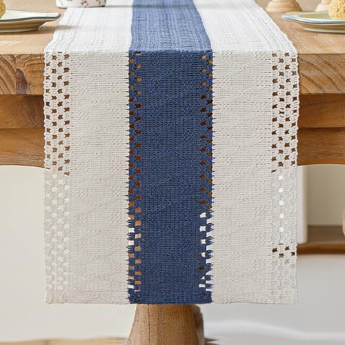 Kiatuniya Tischläufer Beige und Marineblau Boho Tisch Läufer Makramee Gehäkelte Spitze Modern Tischläufer Deko Schmal Vintage Bauernhaus Table Runner Kurz Hochzeit Party Tischdeko Outdoor 30x140 cm von Kiatuniya