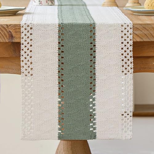 Kiatuniya Tischläufer Beige und Salbeigrün Boho Tisch Läufer Makramee Gehäkelte Spitze Modern Tischläufer Deko Schmal Vintage Bauernhaus Table Runner Kurz Hochzeit Party Tischdeko Outdoor 30x140 cm von Kiatuniya