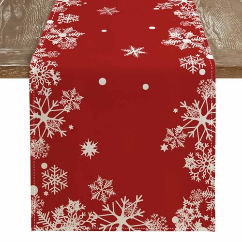Kiatuniya Tischläufer Weihnachten Rot Weiße Weihnachtstischläufer Modern Schneeflocken Winter Weihnachtsdeko Tisch Weihnachtstischdecke Klein Table Runner für Küche Party Tischdeko 40x140 cm von Kiatuniya