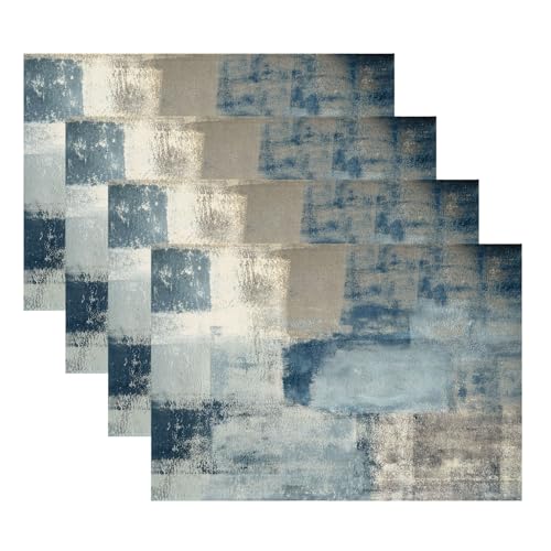 Kiatuniya Tischsets Abwaschbar Platzsets Blau Modern Kunst Gemälde Boho Landhausstil Abstrakte Abwischbar Placemat rutschfest Outdoor Tischmatte für Urlaub Bankett Küche Party Deko, 4er Set von Kiatuniya