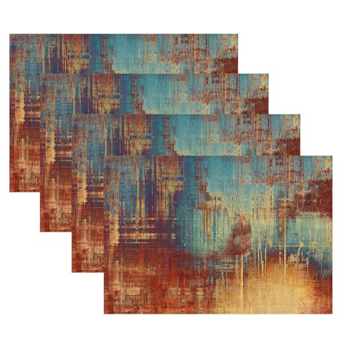 Kiatuniya Tischsets Abwaschbar Platzsets Orange Blau Modern Kunst Gemälde Boho Landhausstil Abstrakte Abwischbar Placemat rutschfest Outdoor Tischmatte für Urlaub Bankett Küche Party Deko, 4er Set von Kiatuniya
