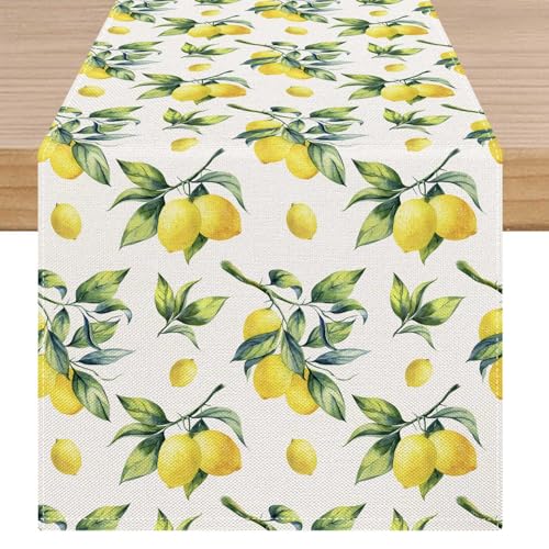 Kiatuniya Zitronen Tischläufer Orange Gelb Zitrone Deko Tisch Läufer Frühling Sommer Kurz Tischdeko Grün Blatt Table Runner Abwaschbar Küche Esstisch Urlaub Party Dekoration 33x183 cm von Kiatuniya